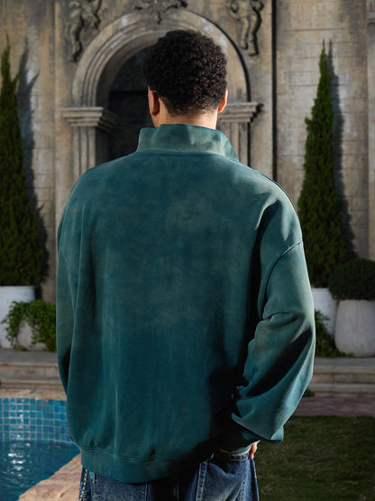 Supermade Gradient Eagle Embroidery Distressed Stand Collar Sweatshirt Jacket 