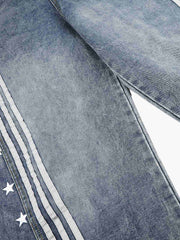 Star Print Curved Stripe Barrel Baggy Jeans