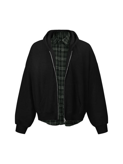 Faux Two-Piece Plaid Fleece Hooded Jacket 