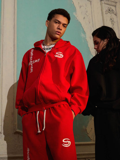 Cotton Blend Oversized Hoodie & Pants Set - Streetwear Style Tracksuit with Logo Embroidery and Zipper Closure 