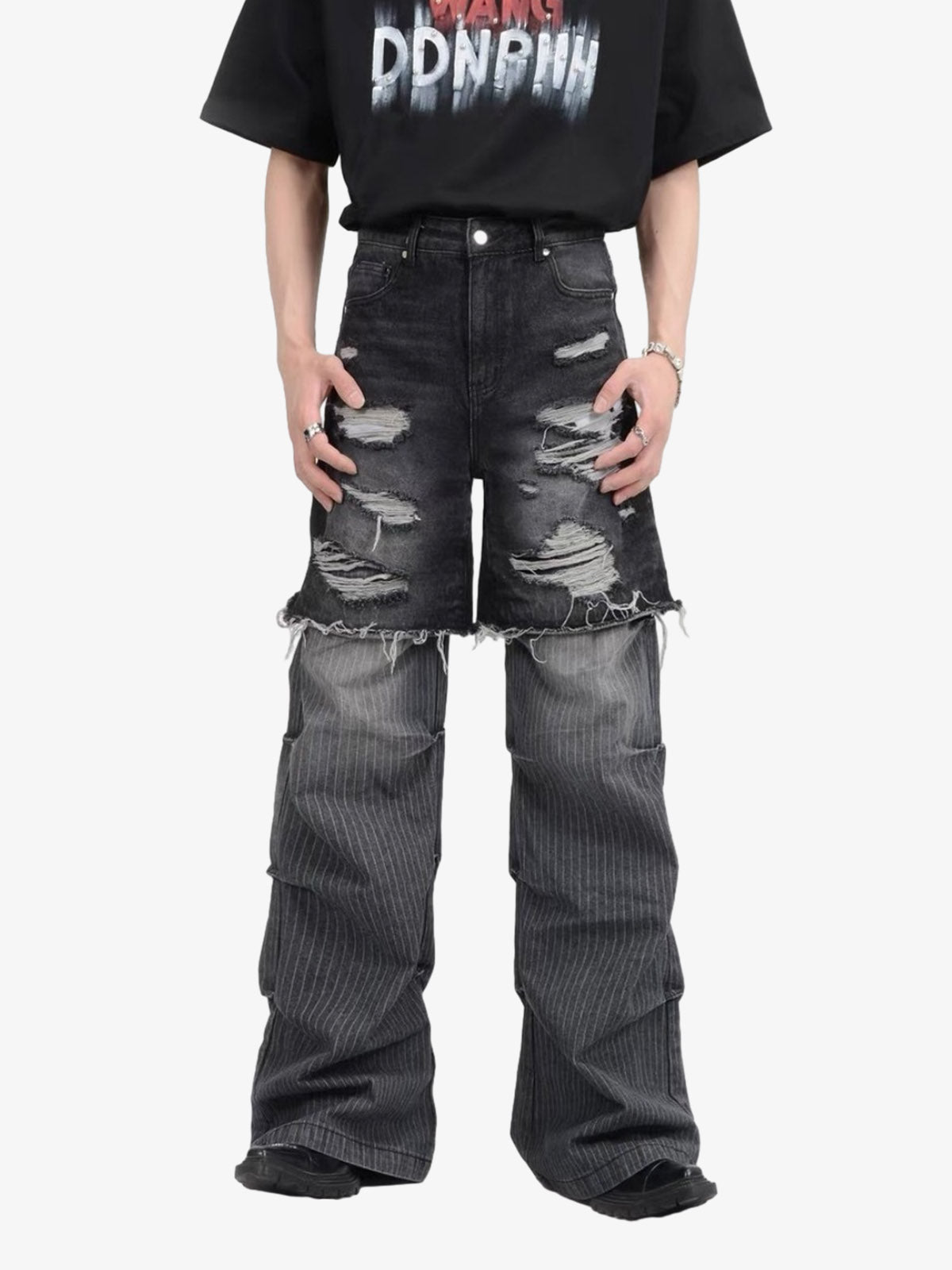 Denim Ripped Layered Flare Pants with Distressed Details 