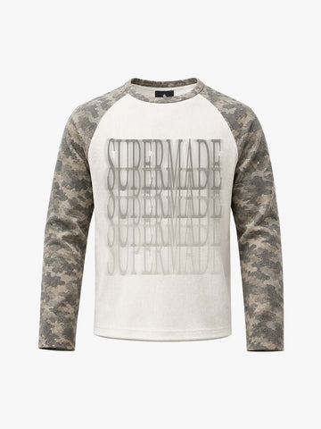 Waffle Knit Camo Raglan T-Shirt with Graphic Print
