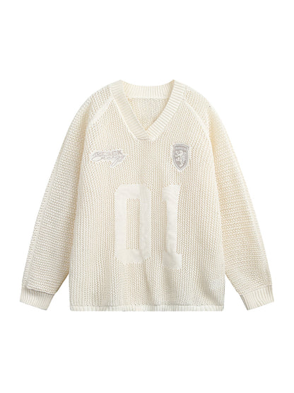 Vintage Ripped Long Sleeve Knitted Jersey V-Neck Sweater 