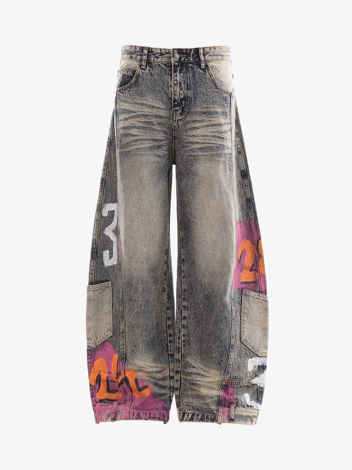 Hand-Painted Distressed Curved-Seam Jeans