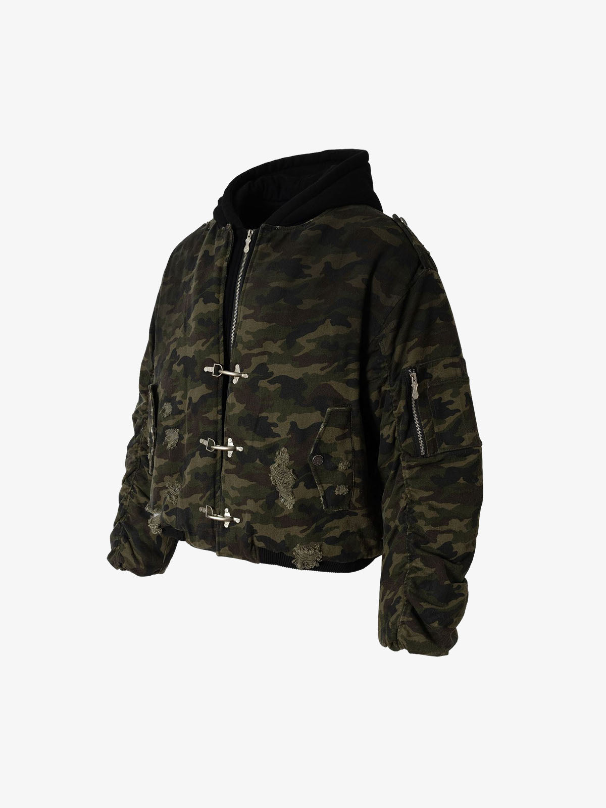 Camouflage Hooded Jacket with Distressed Details and Toggle Closure 
