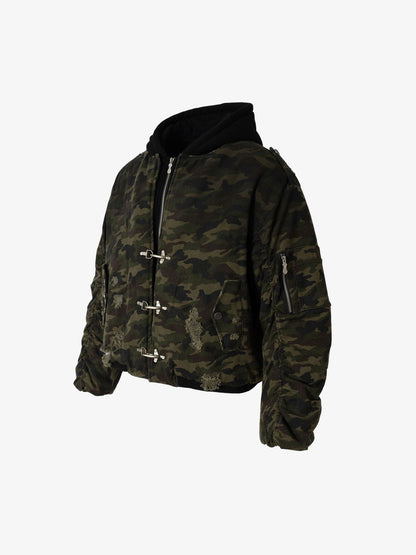 Camouflage Hooded Jacket with Distressed Details and Toggle Closure 