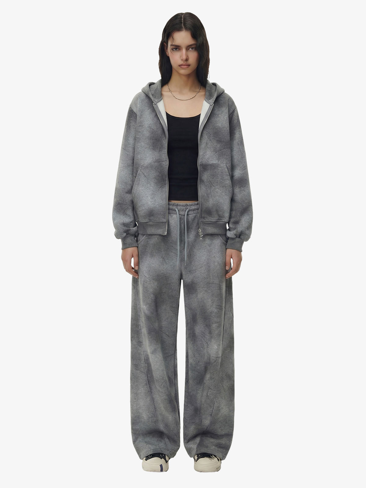 Vintage Washed Tie-Dye Zip Up Hoodie & Barrel Sweatpants Tracksuit 