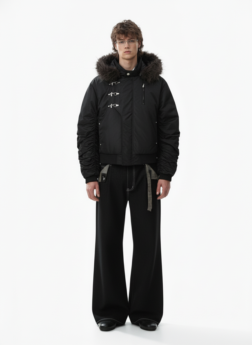 Detachable Faux Fur Collar Ruched Sleeve Bomber Jacket 