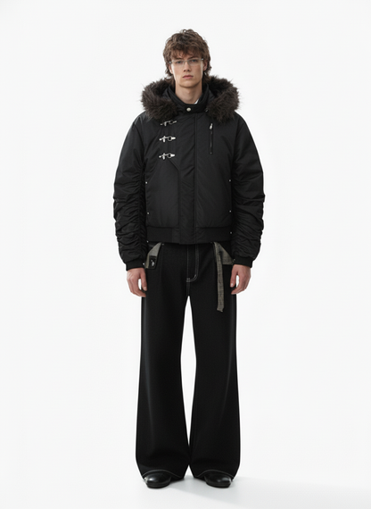 Detachable Faux Fur Collar Ruched Sleeve Bomber Jacket 