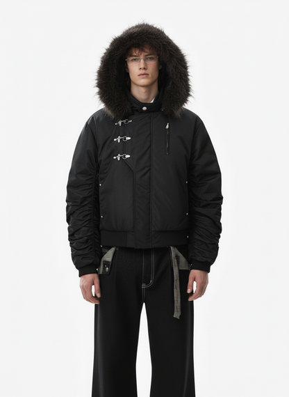 Detachable Faux Fur Collar Ruched Sleeve Bomber Jacket 