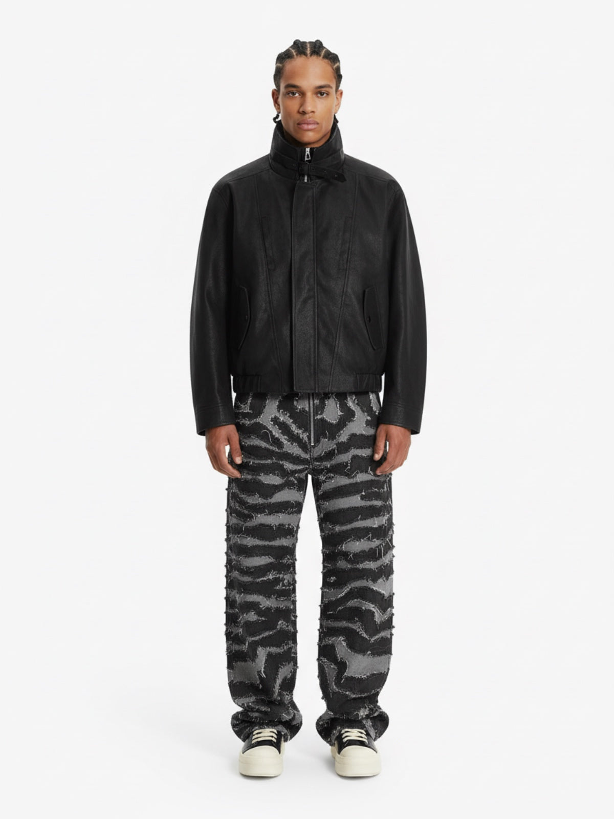 Frayed Zebra Striped Patchwork Wide Leg Jeans 