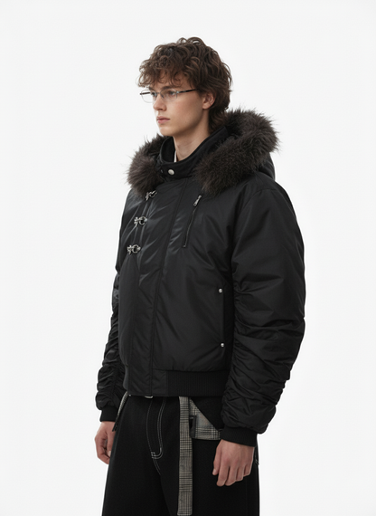 Detachable Faux Fur Collar Ruched Sleeve Bomber Jacket 