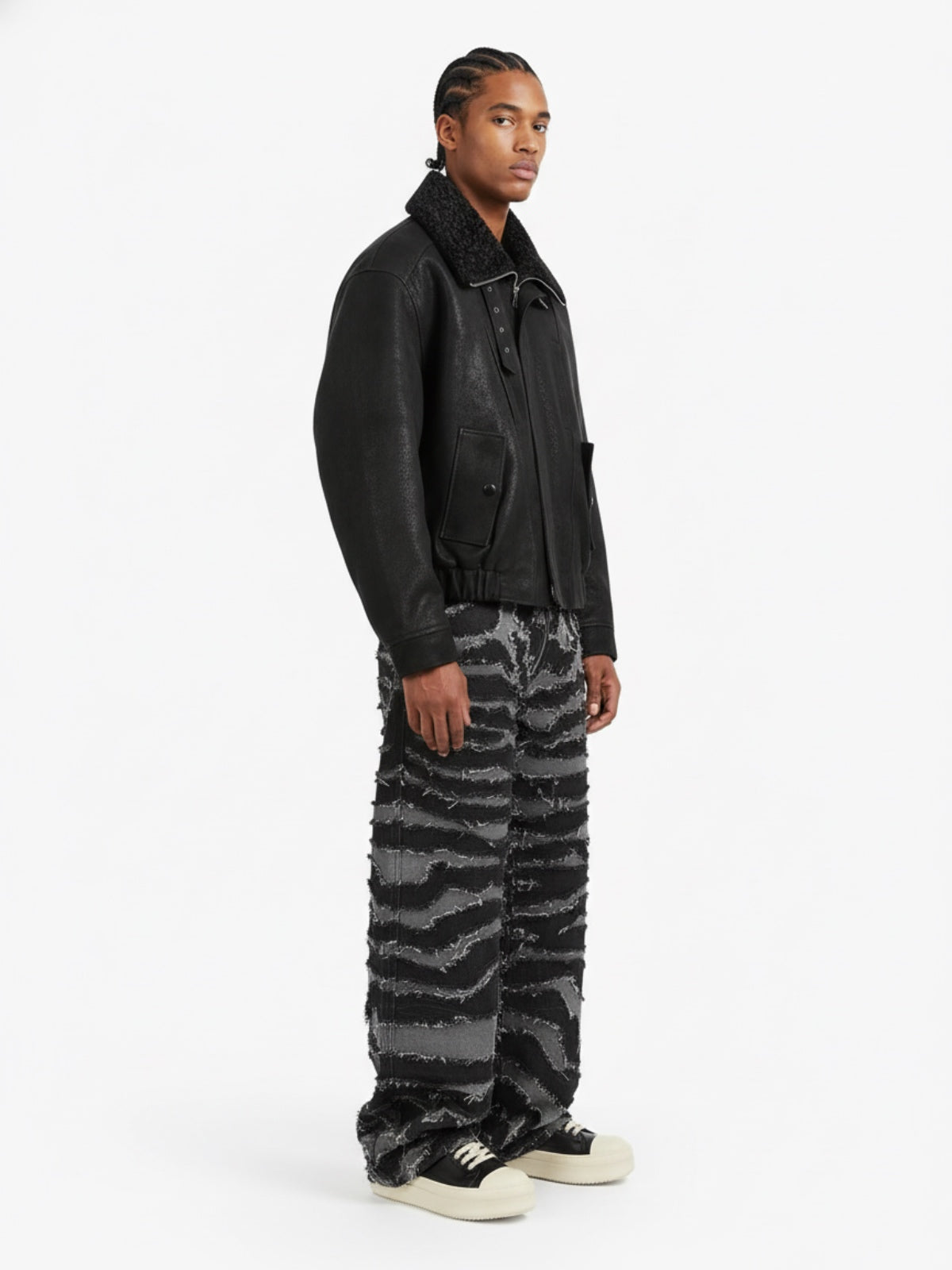 Frayed Zebra Striped Patchwork Wide Leg Jeans 