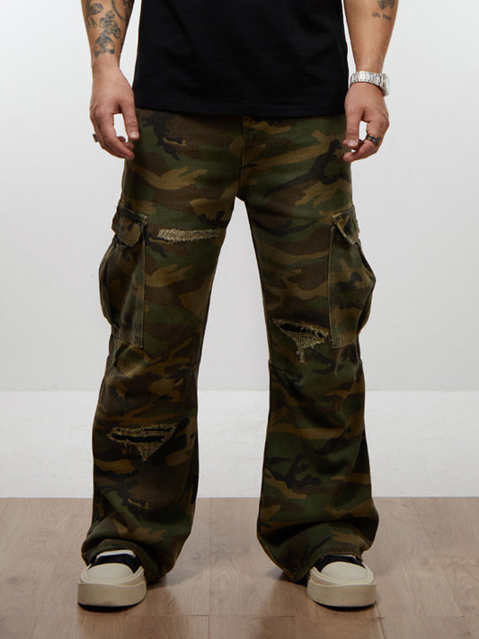 Ripped Camouflage Flared Cargo Pants - 2410
