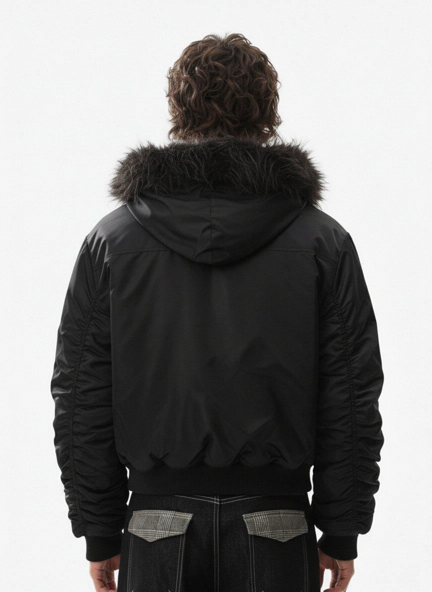 Detachable Faux Fur Collar Ruched Sleeve Bomber Jacket 