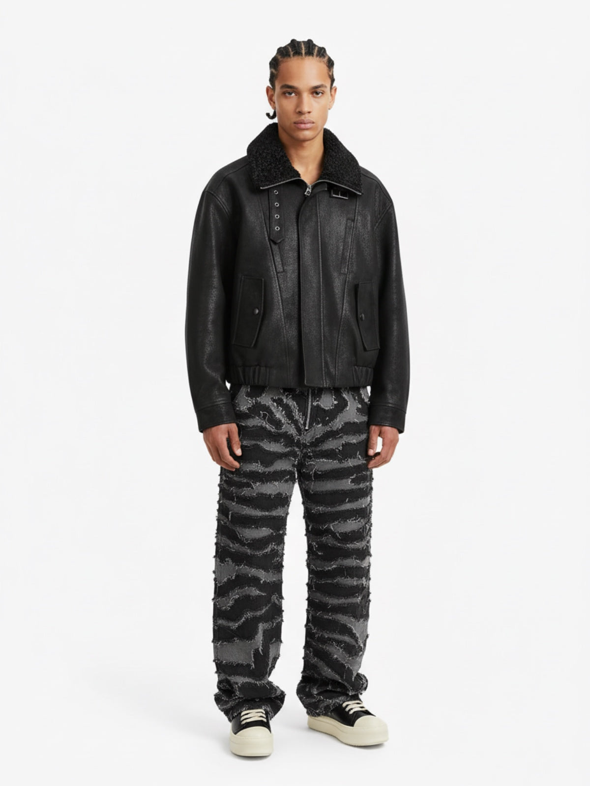 Vintage Faux Fur Collar Patchwork PU Leather Zip Up Jacket 