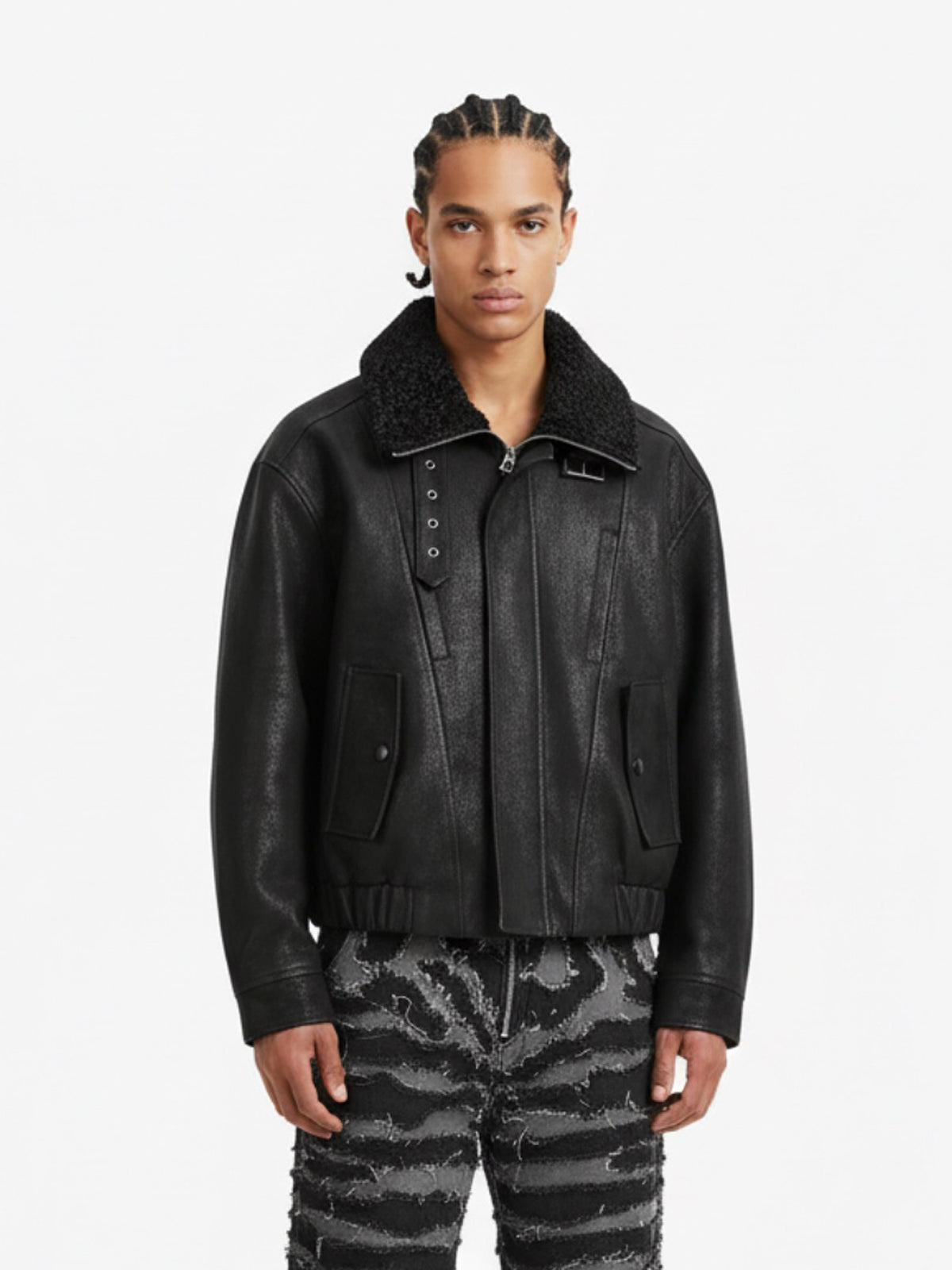 Vintage Faux Fur Collar Patchwork PU Leather Zip Up Jacket 