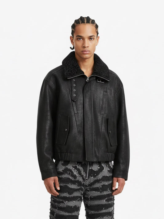 Vintage Faux Fur Collar Patchwork PU Leather Zip Up Jacket 