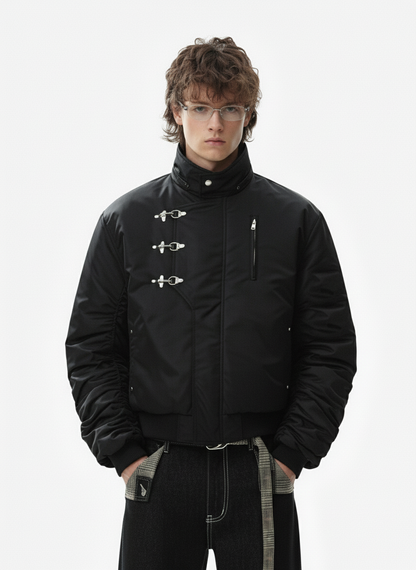 Detachable Faux Fur Collar Ruched Sleeve Bomber Jacket 