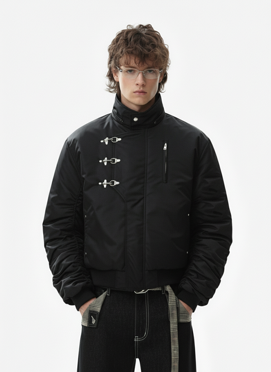 Detachable Faux Fur Collar Ruched Sleeve Bomber Jacket 