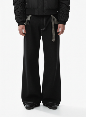 Vintage Plaid-Trim Tape-Belt Jeans 