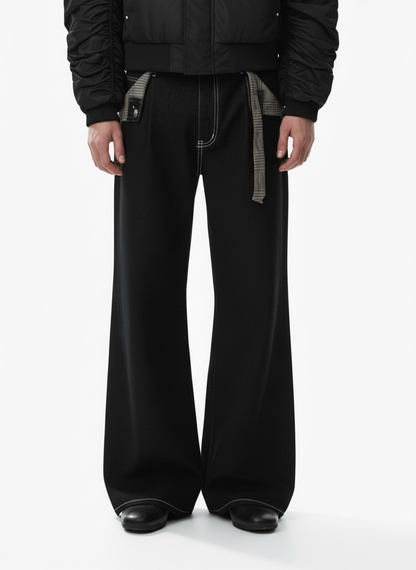 Vintage Plaid-Trim Tape-Belt Jeans 