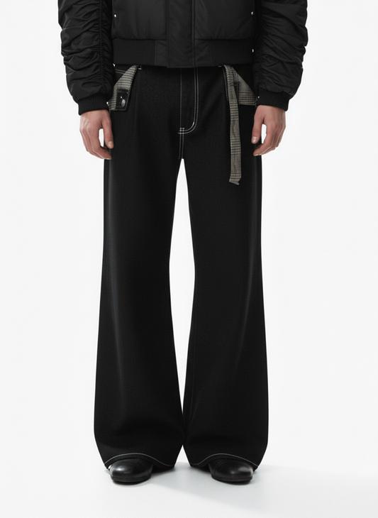 Vintage Plaid-Trim Tape-Belt Jeans 