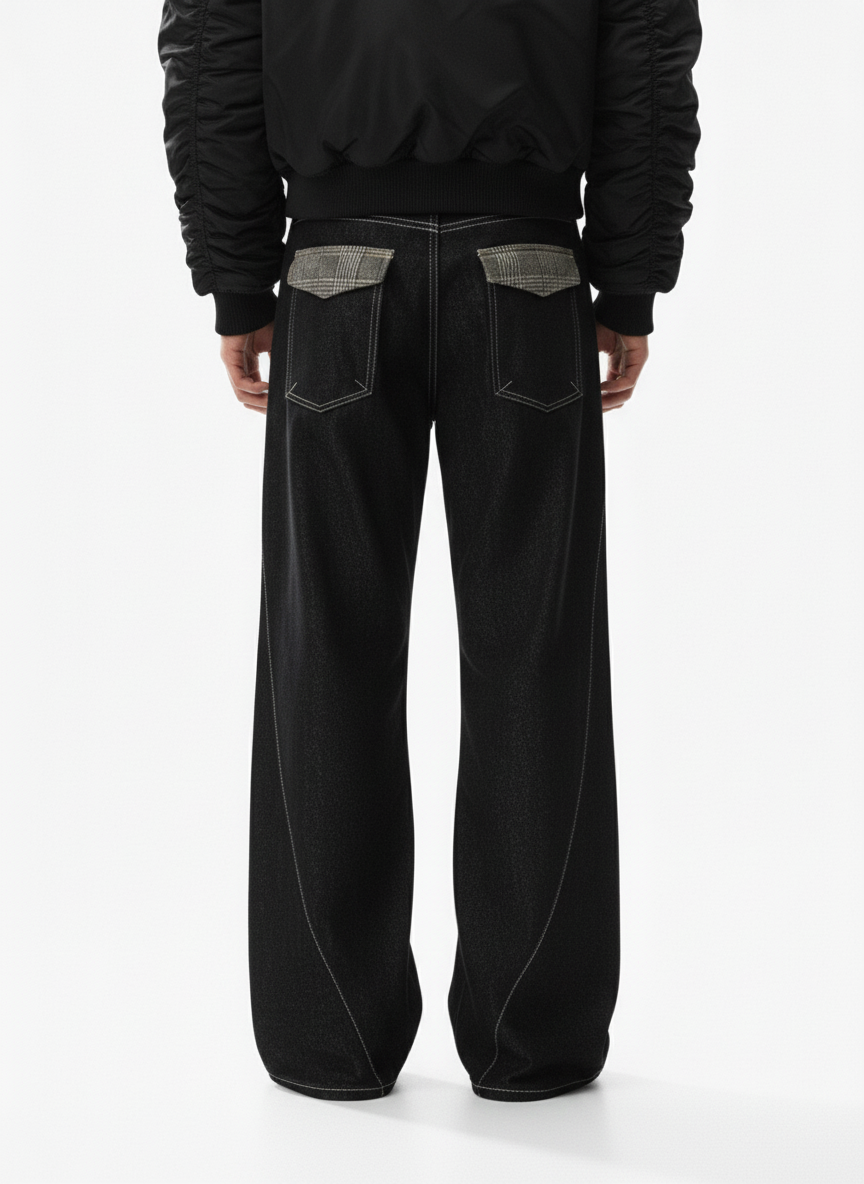 Vintage Plaid-Trim Tape-Belt Jeans 