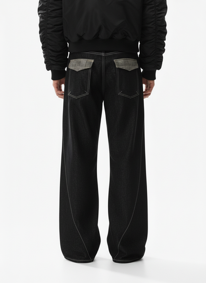 Vintage Plaid-Trim Tape-Belt Jeans 