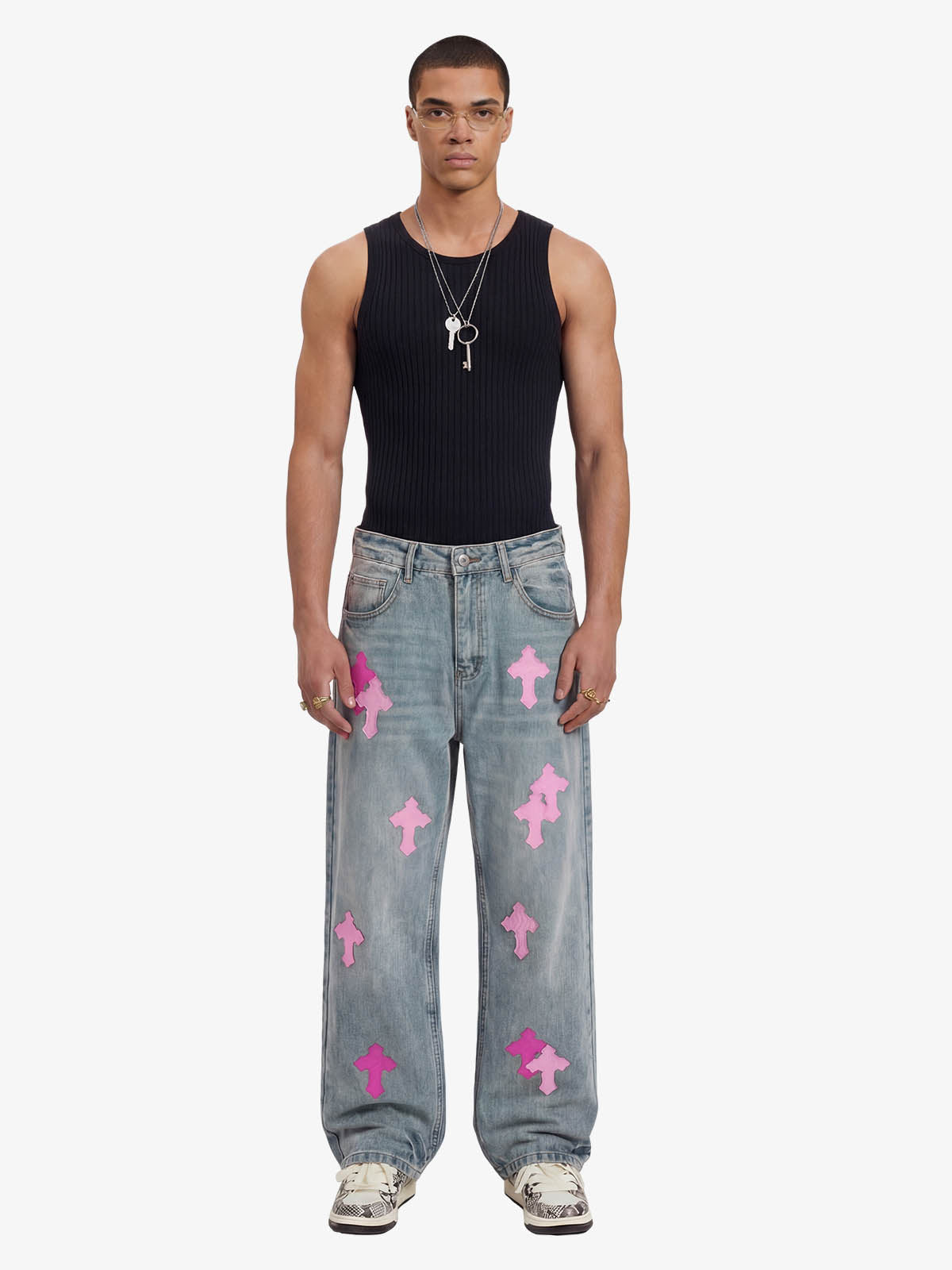 Vintage Washed Cross Patch Straight Leg Denim Jeans 