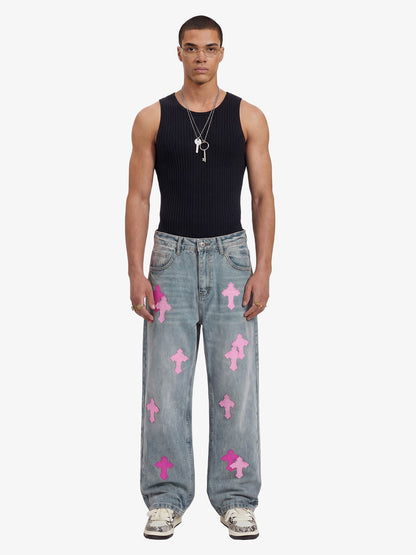 Vintage Washed Cross Patch Straight Leg Denim Jeans 