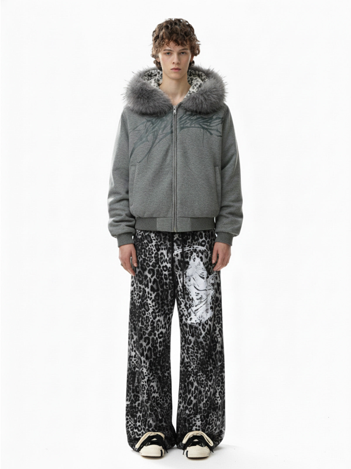 Retro Leopard Print Reaper Graphic Wide-Leg Casual Pants 