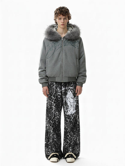 Retro Leopard Print Reaper Graphic Wide-Leg Casual Pants 