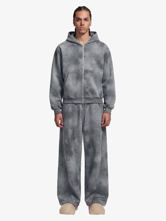 Vintage Washed Tie-Dye Zip Up Hoodie & Barrel Sweatpants Tracksuit 