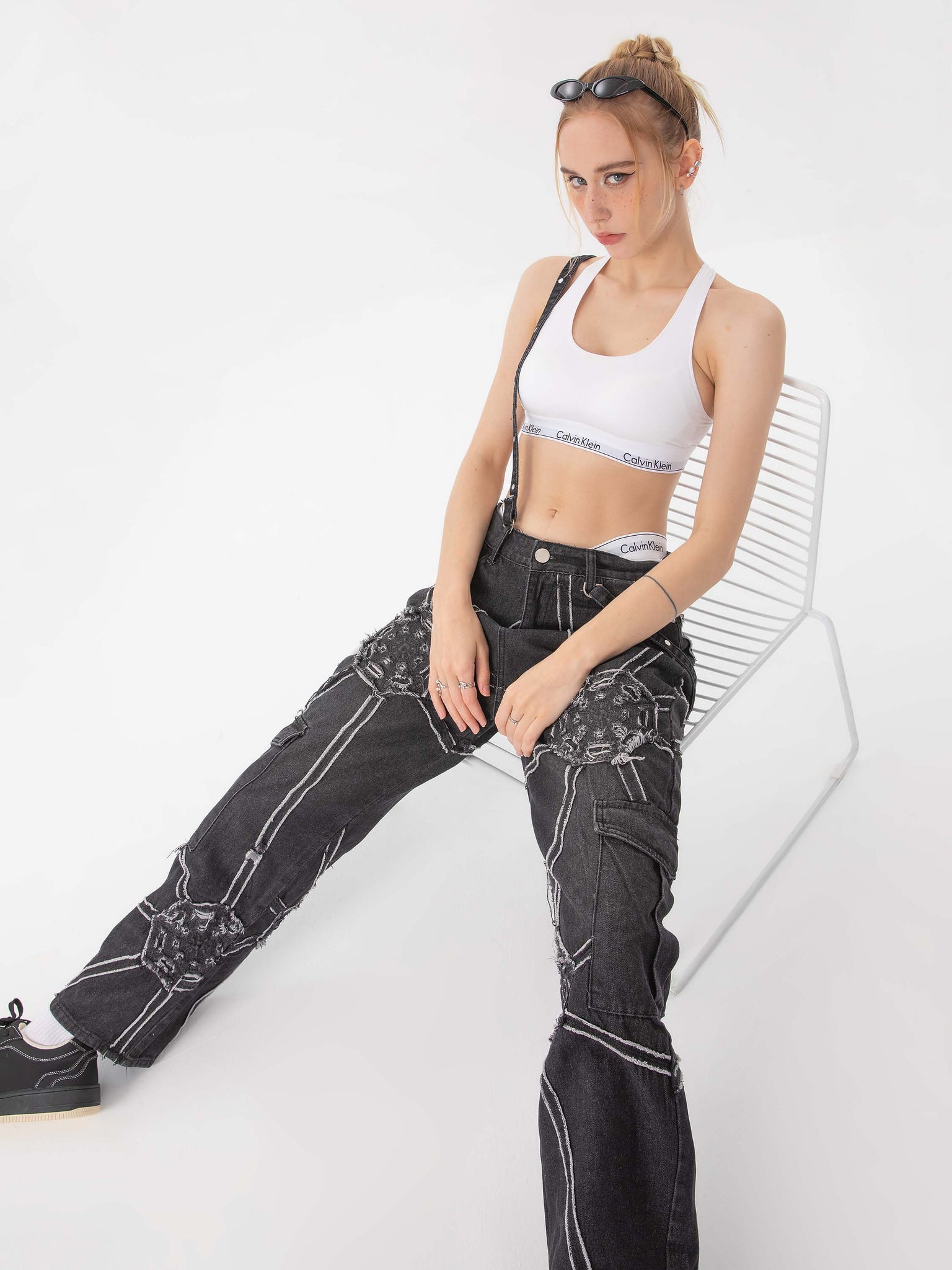 Thesupermade Hip-hop High Street Design Sense Spider Web Denim Straight Leg Pants-1512
