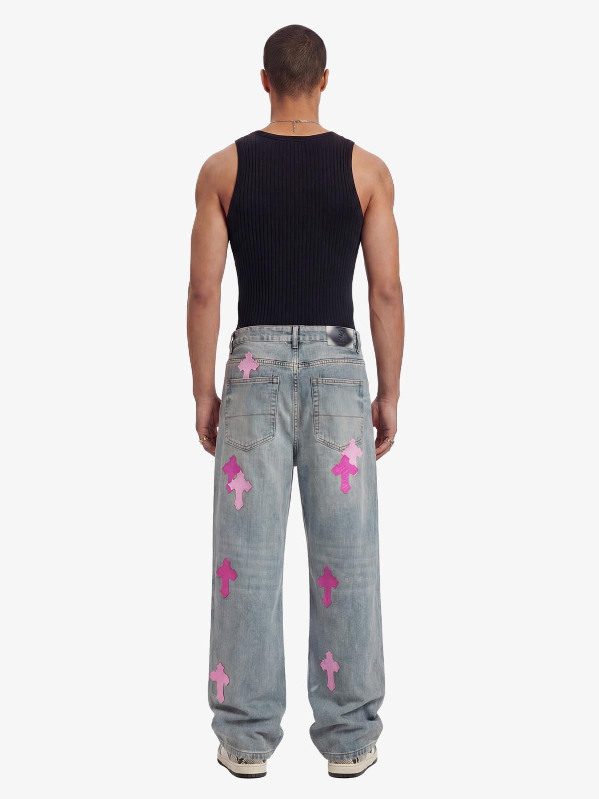 Vintage Washed Cross Patch Straight Leg Denim Jeans 