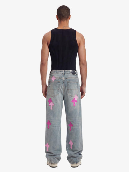 Vintage Washed Cross Patch Straight Leg Denim Jeans 