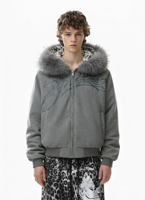 Vintage Faux Fur Hoodedd Leopard Lined Graphic Bomber Jacket 
