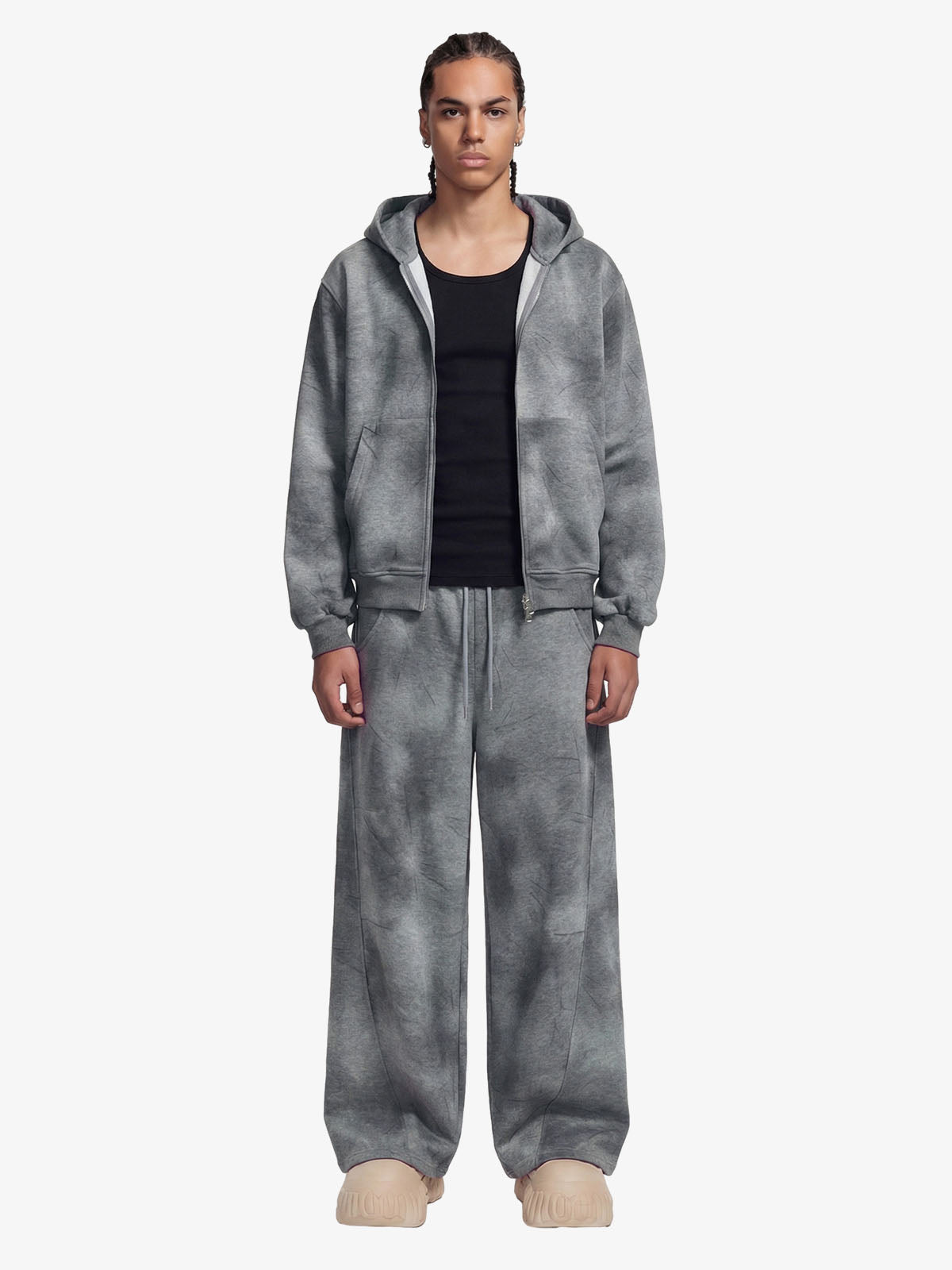 Vintage Washed Tie-Dye Zip Up Hoodie & Barrel Sweatpants Tracksuit 