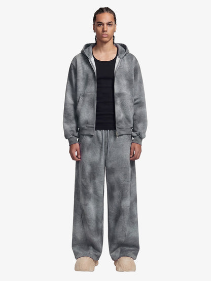 Vintage Washed Tie-Dye Zip Up Hoodie & Barrel Sweatpants Tracksuit 
