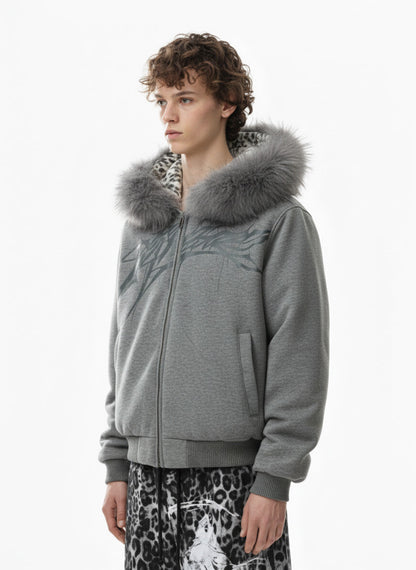 Vintage Faux Fur Hoodedd Leopard Lined Graphic Bomber Jacket 