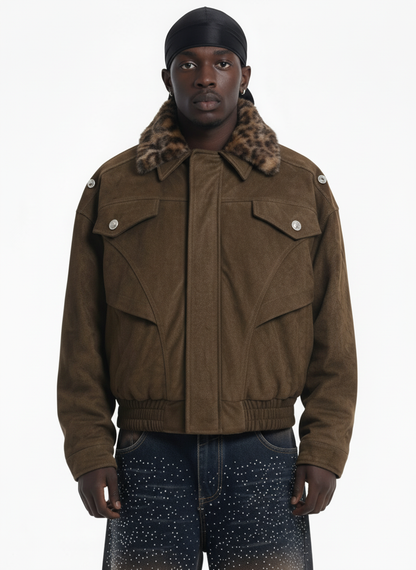 Retro Leopard Fur Collar Padded Bomber Jacket 