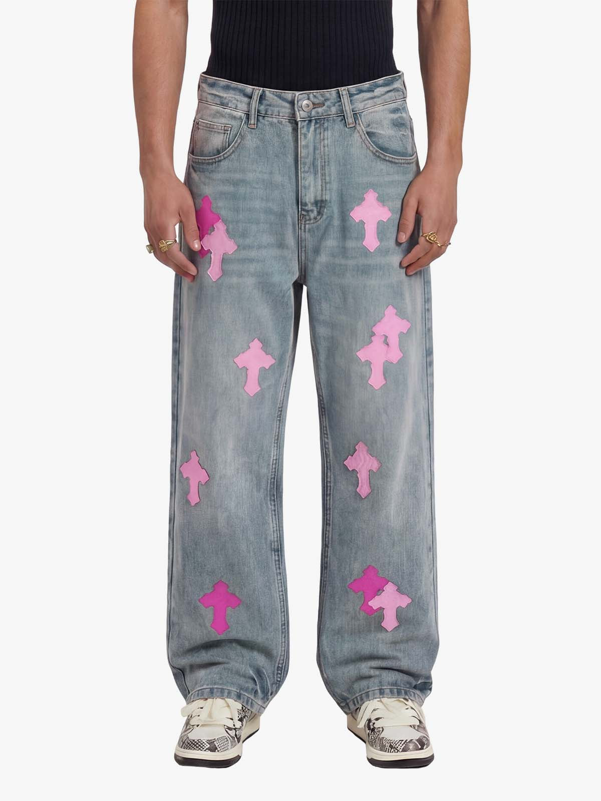 Vintage Washed Cross Patch Straight Leg Denim Jeans 