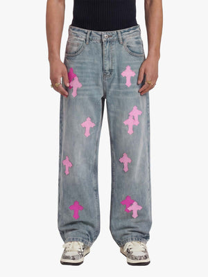 Vintage Washed Cross Patch Straight Leg Denim Jeans 