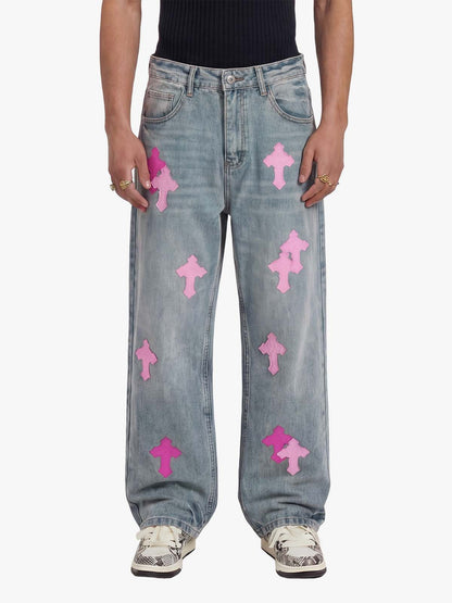 Vintage Washed Cross Patch Straight Leg Denim Jeans 