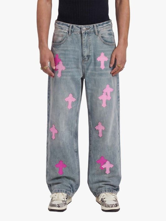 Vintage Washed Cross Patch Straight Leg Denim Jeans 