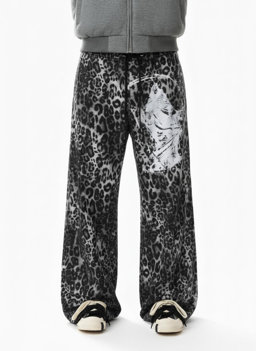 Retro Leopard Print Reaper Graphic Wide-Leg Casual Pants 