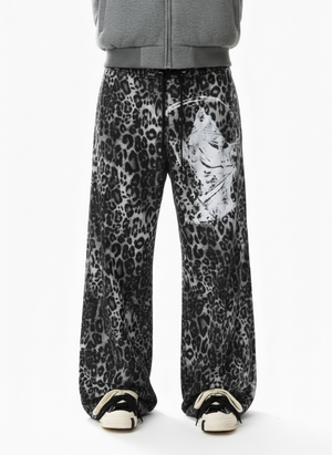 Retro Leopard Print Reaper Graphic Wide-Leg Casual Pants 