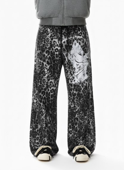 Retro Leopard Print Reaper Graphic Wide-Leg Casual Pants 