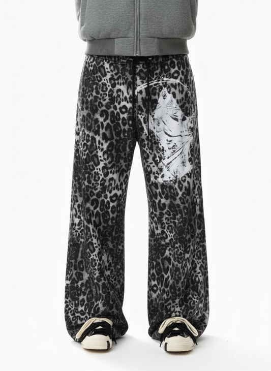 Retro Leopard Print Reaper Graphic Wide-Leg Casual Pants 